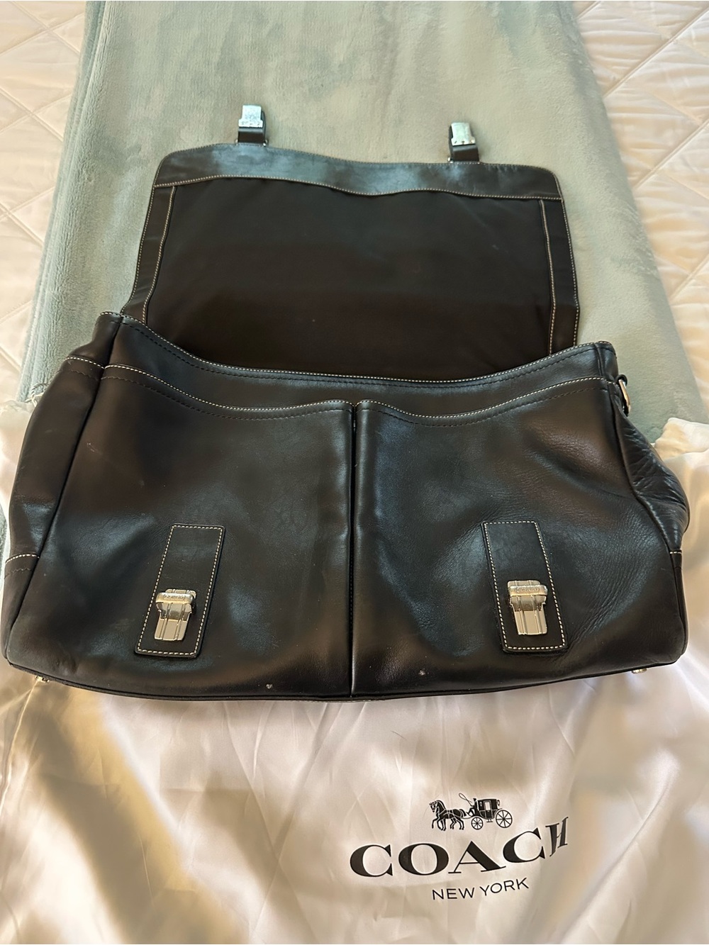 Coach Black Leather Messenger with Silver Buckle Accents
